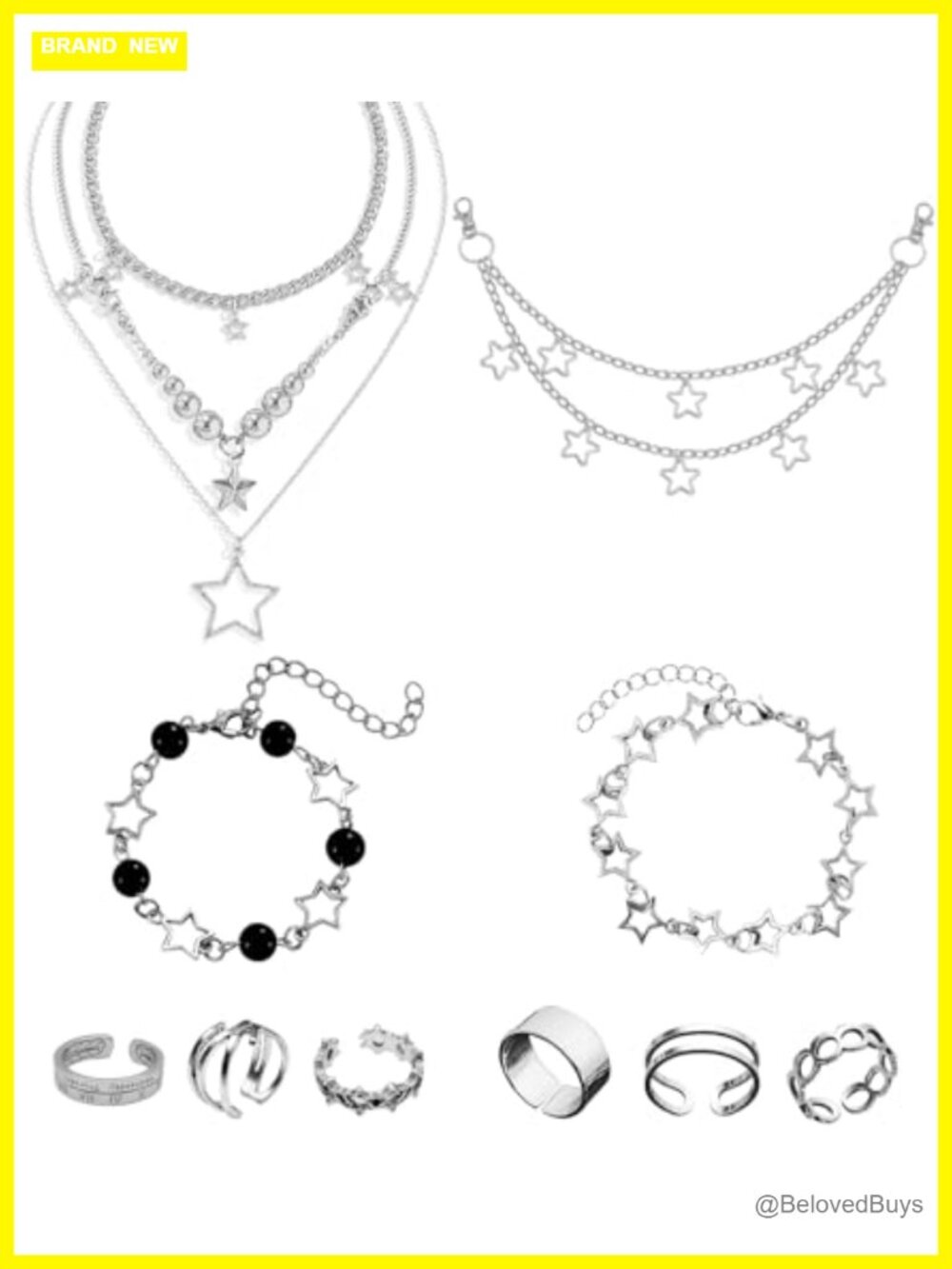 Y2K Layered Necklace Set Star Chains Rings Zinc Alloy Jewelry 12 Pc